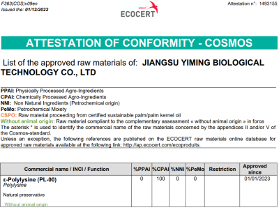 Yiming Biotech's ε-Polylysine pass ECOCERT COSMOS Certification